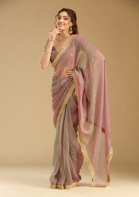 Onion Pink Sequins Tissue Saree
